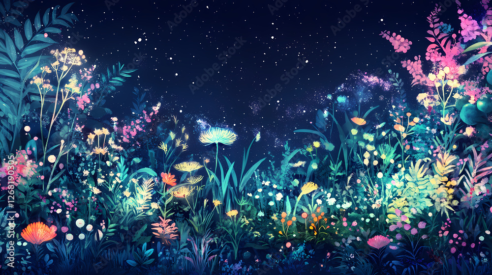A magical garden of glowing flora under a starry night. Glowing Midnight Gardens. Illustration A magical garden of glowing flora under a starry night. Glowing Midnight Gardens. Illustration