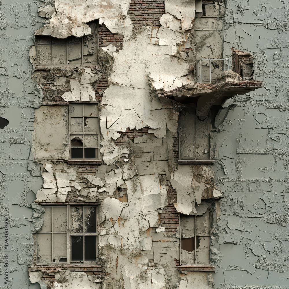 Naklejka premium Decaying facade reveals brick underneath peeling paint and windows