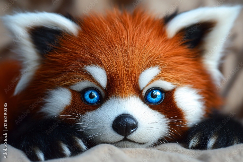 Obraz premium Close-up portrait of a red panda with bright blue eyes, lying down.