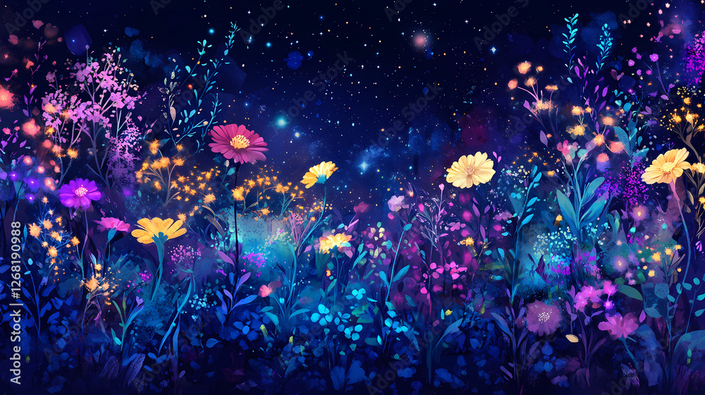 Cosmic garden blooming with starry plants under midnight sky, imagination. Glowing Midnight Gardens. Illustration Cosmic garden blooming with starry plants under midnight sky, imagination. Glowing Midnight Gardens. Illustration