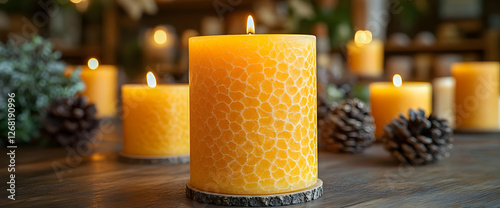 Wallpaper Mural Group Of Decorative Yellow Candles With Honeycomb Pattern On Wooden Table Torontodigital.ca