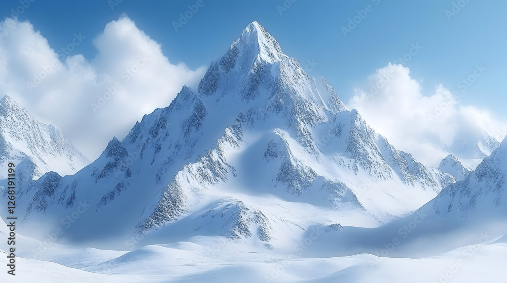 Obraz premium Majestic Mountain Landscape: Explore the Serenity of Snow-Capped Peaks Under a Blue Sky, Experience the Tranquil Wilderness and Scenic Views of Winter Adventure and Natural Beauty