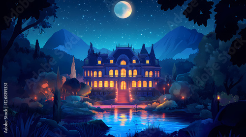 Enchanted mysterious mansion bathed in moonlight beneath the darkened sky at midnight. Glowing Midnight Gardens. Illustration