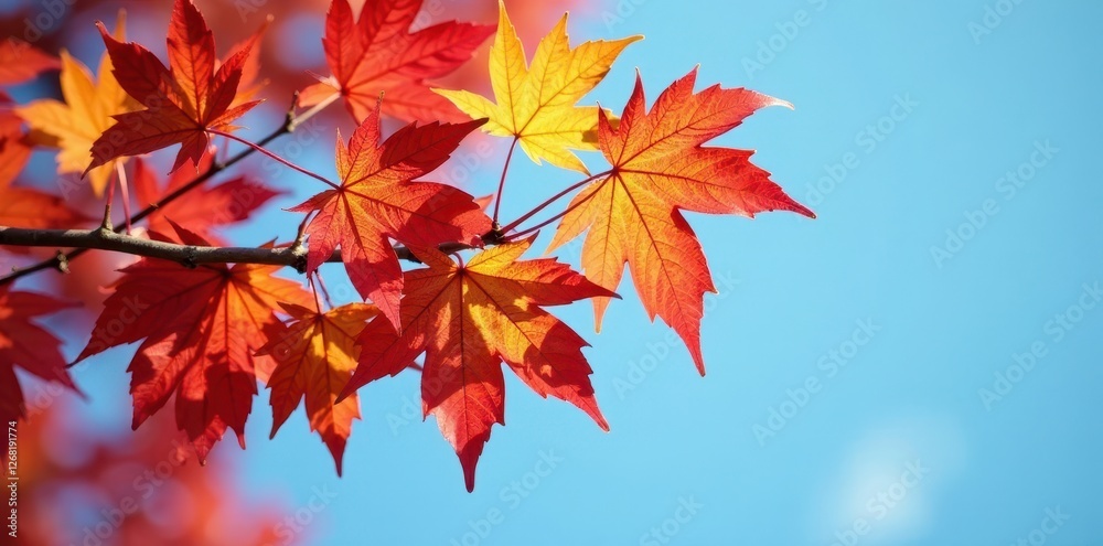 Crimson, gold, and orange maple leaves cluster on a branch against a clear blue sky , illustration, color, stock Crimson, gold, and orange maple leaves cluster on a branch against a clear blue sky , illustration, color, stock