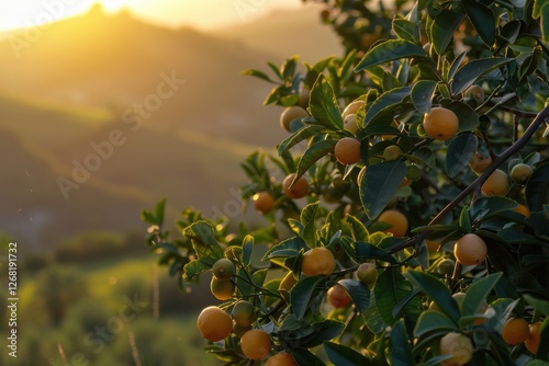 Golden light bathes a bergamot tree in the Calabrian countryside lush leaves and ripe fruit ready for hand picking.