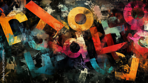 Colorful abstract alphabet collage with layered geometric forms