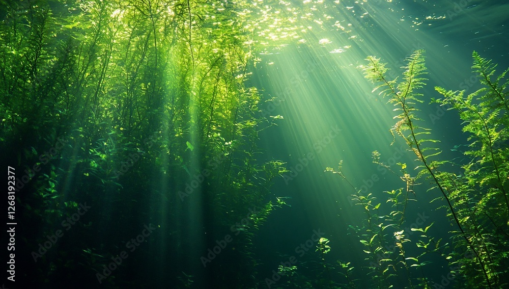 Obraz premium Sunbeams penetrate clear water illuminating lush underwater plants.