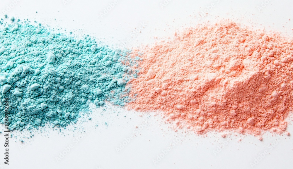 Two piles of powder, teal and peach, on white background. Two piles of powder, teal and peach, on white background.