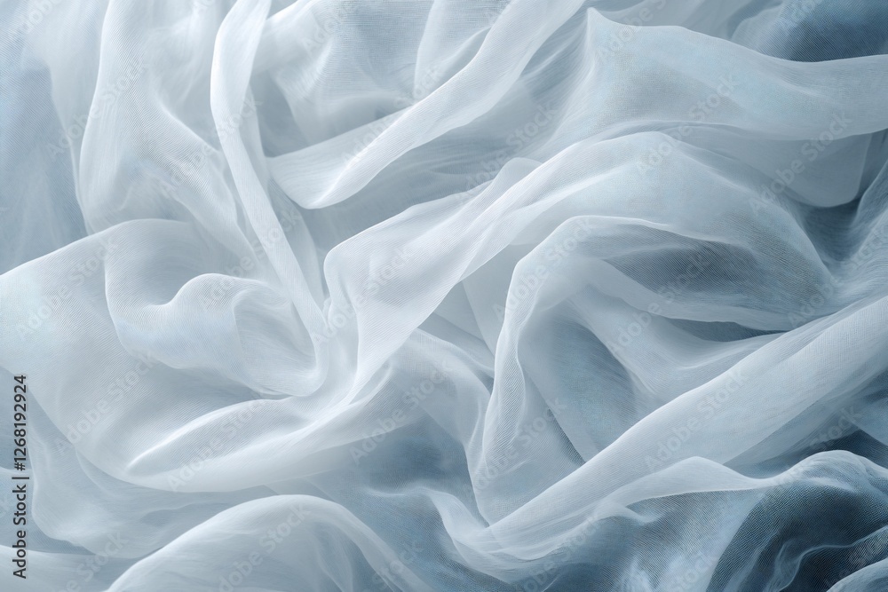 Fototapeta premium Draped light blue sheer fabric with soft folds and wrinkles.