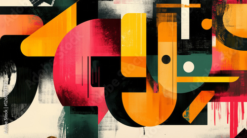 Colorful geometric abstract composition with overlapping shapes