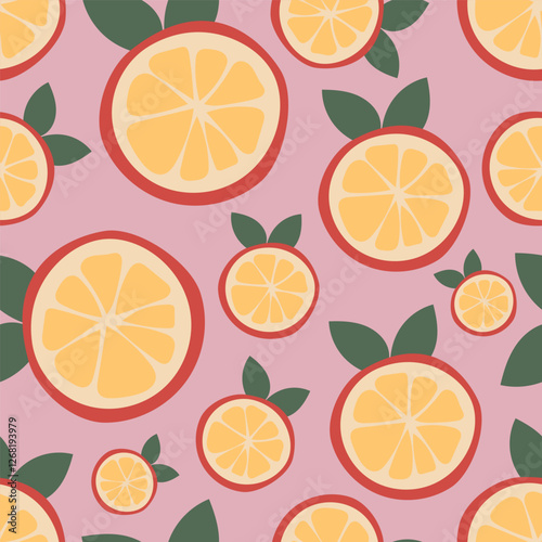 Juicy pattern with grapefruit. Citrus ornament. Flat minimalist illustration, vector design
