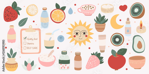 Self care elements set. Balanced and healthy food, fruit, plants, harmony lifestyle. Vector illustration