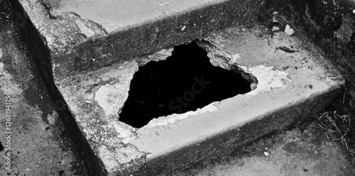 Dilapidated concrete steps containing a dark and mysterious gaping hole