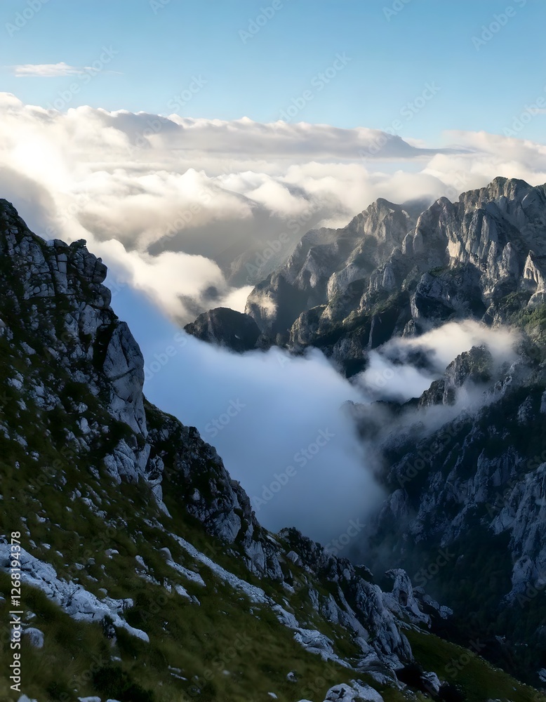 A beautiful mountain landscape covered in low clouds, evoking mystery and tranquility. A beautiful mountain landscape covered in low clouds, evoking mystery and tranquility.