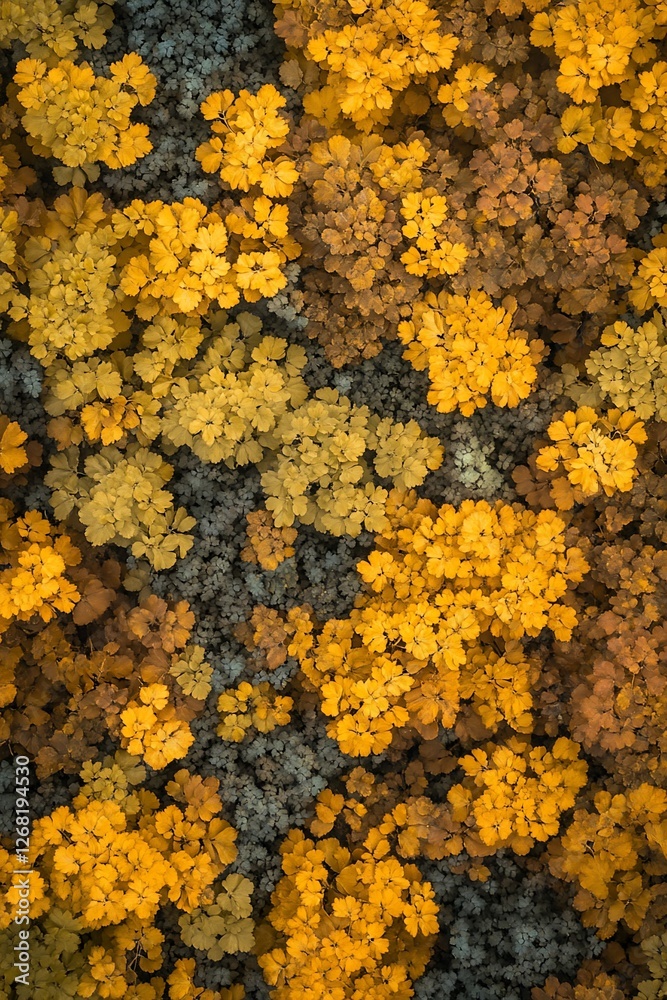Aerial view of autumn foliage, showing various shades of yellow, orange, and brown leaves.