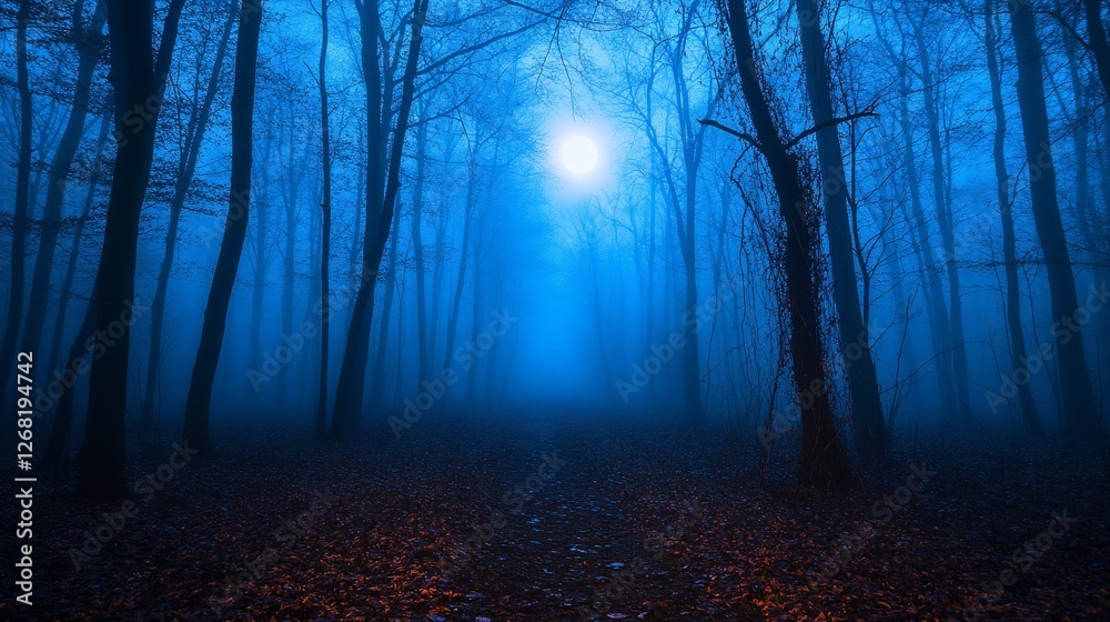Fototapeta premium Mysterious blue moonlit forest path at night.