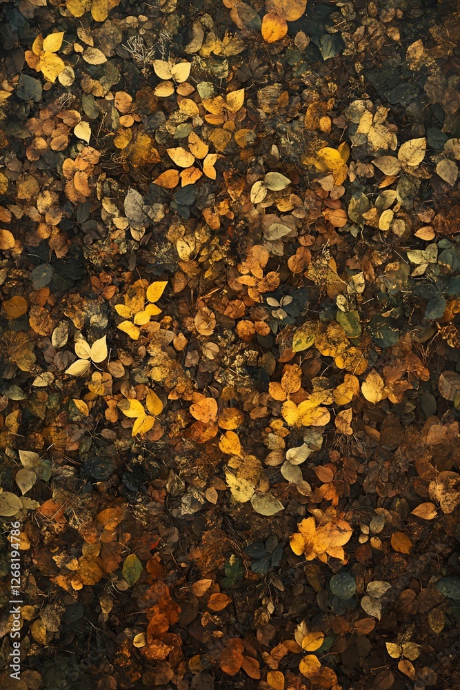 Overhead view of fallen autumn leaves in various colors and shades of brown, yellow, and orange. Overhead view of fallen autumn leaves in various colors and shades of brown, yellow, and orange.