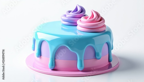 Vibrant Cake with Blue and Pink Icing on a Stunning White Background. A cake with pink and blue icing drips on top. photo