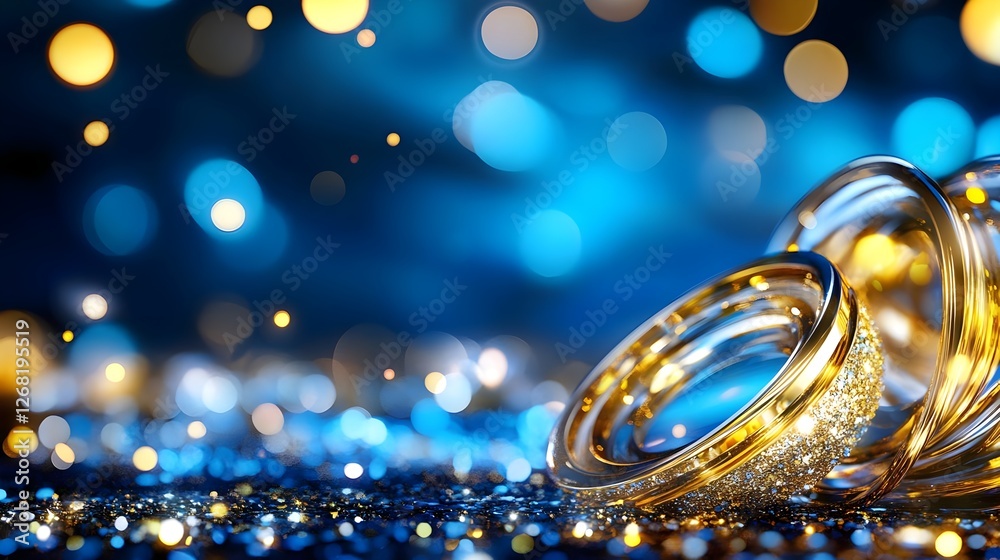 Glittering Gold Rings, Blue Bokeh Background - Abstract backgrounds Glittering Gold Rings, Blue Bokeh Background - Abstract backgrounds