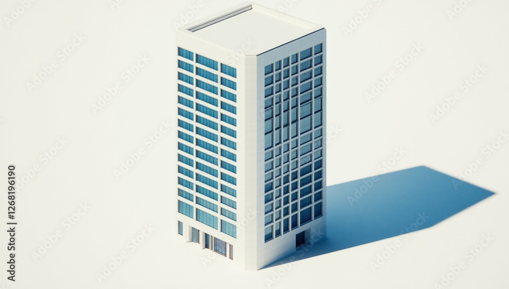 Isometric view of a modern white skyscraper with blue windows against a white background. Isometric view of a modern white skyscraper with blue windows against a white background.