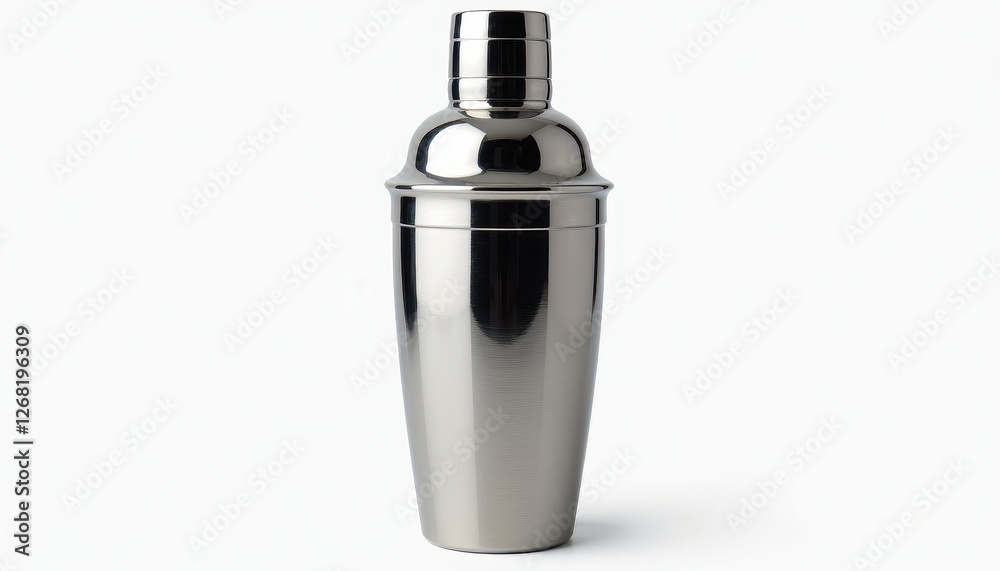 Stainless Steel Cocktail Shaker on Pure White Background: Sleek Reflection and Bold Contrast. A stainless steel cocktail shaker on a white background. Stainless Steel Cocktail Shaker on Pure White Background: Sleek Reflection and Bold Contrast. A stainless steel cocktail shaker on a white background.