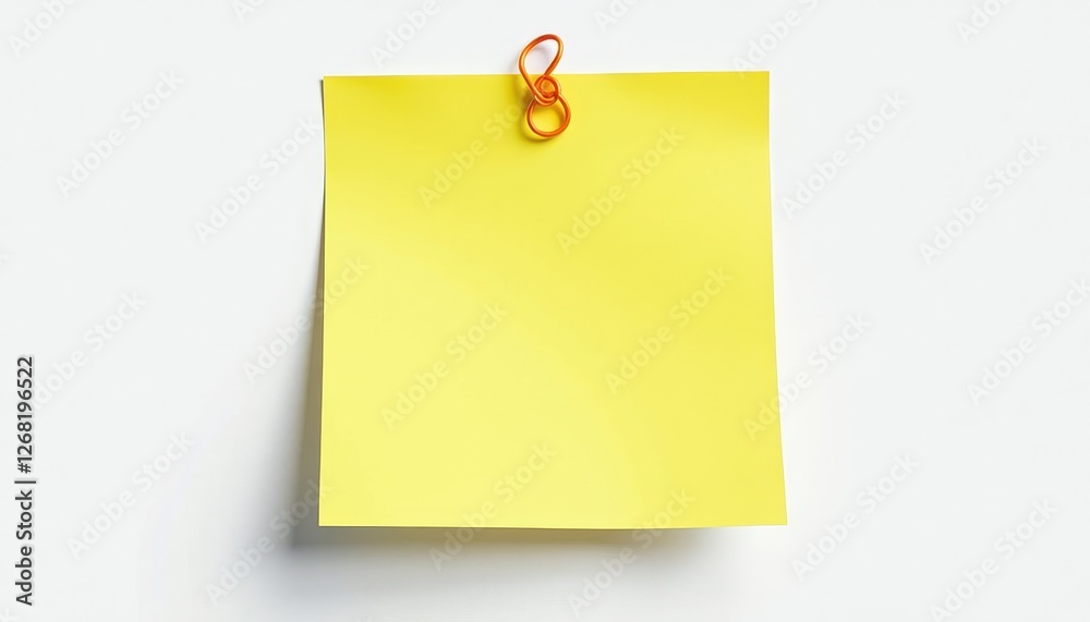 Yellow Sticky Note Red Paper Clip Against Isolated White Background. A yellow sticky note pinned to a white wall. Yellow Sticky Note Red Paper Clip Against Isolated White Background. A yellow sticky note pinned to a white wall.