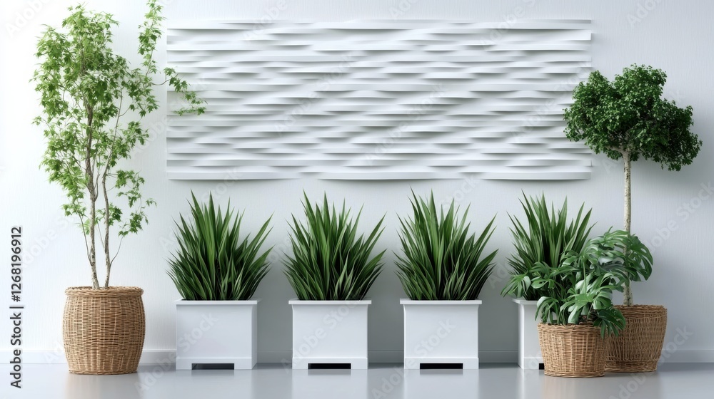 Fototapeta premium Modern interior with decorative plants and textured wall art.