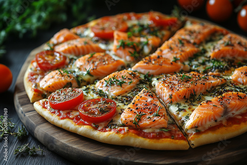 Pizza with salmon, tomatoes, cheese and spices, on a dark wooden background