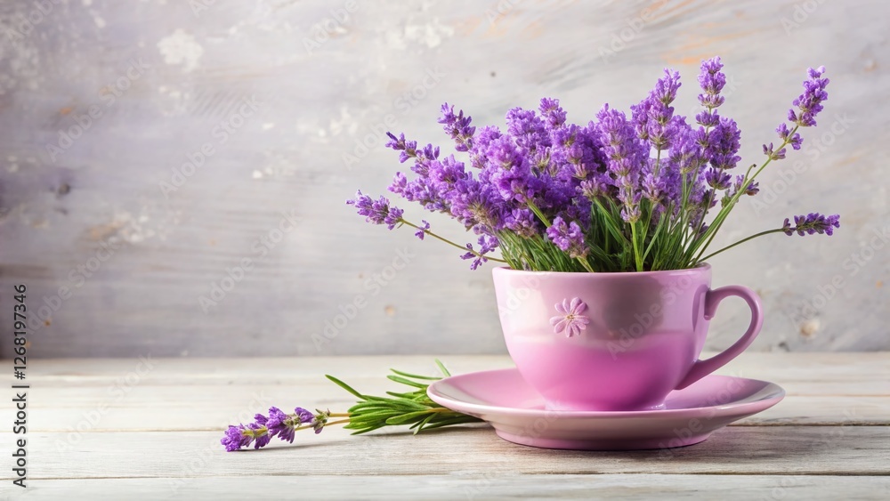 Fresh Lavender in Pink Cup - White Background Banner Stock Photo Fresh Lavender in Pink Cup - White Background Banner Stock Photo
