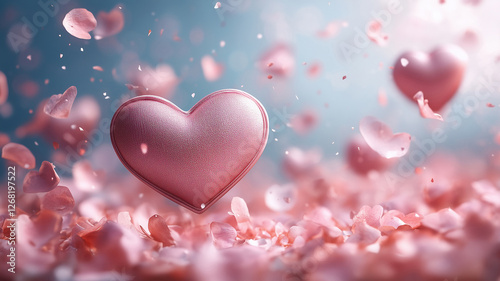 Romantic scene featuring floating pink hearts and ribbons conveying