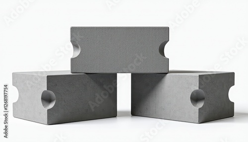 Isolated sleek gray concrete blocks on minimalist white background for modern decor ideas. A set of three concrete blocks with holes in them. photo
