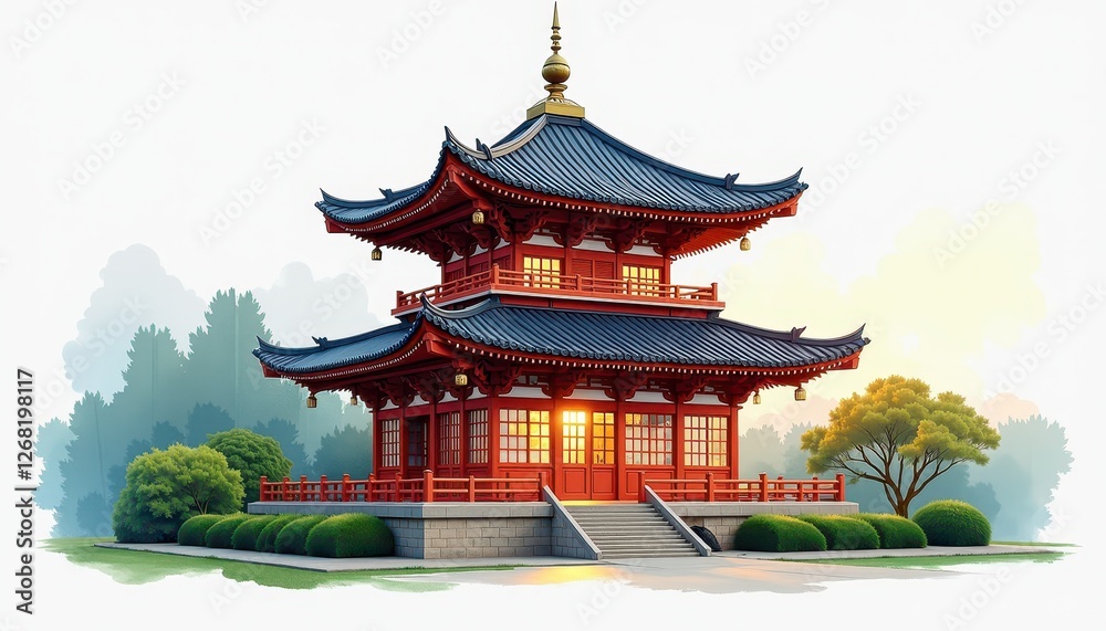 Vibrant Digital Art: Detailed Red and Blue Pagoda on White Background amidst Lush Greenery. A red and blue pagoda stands in the middle of a lush green landscape. Vibrant Digital Art: Detailed Red and Blue Pagoda on White Background amidst Lush Greenery. A red and blue pagoda stands in the middle of a lush green landscape.