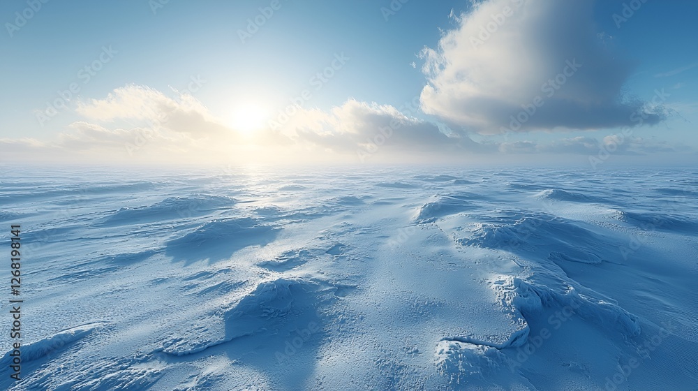 Obraz premium Arctic winter landscape, sunlit snowdrifts, clear sky, background mist
