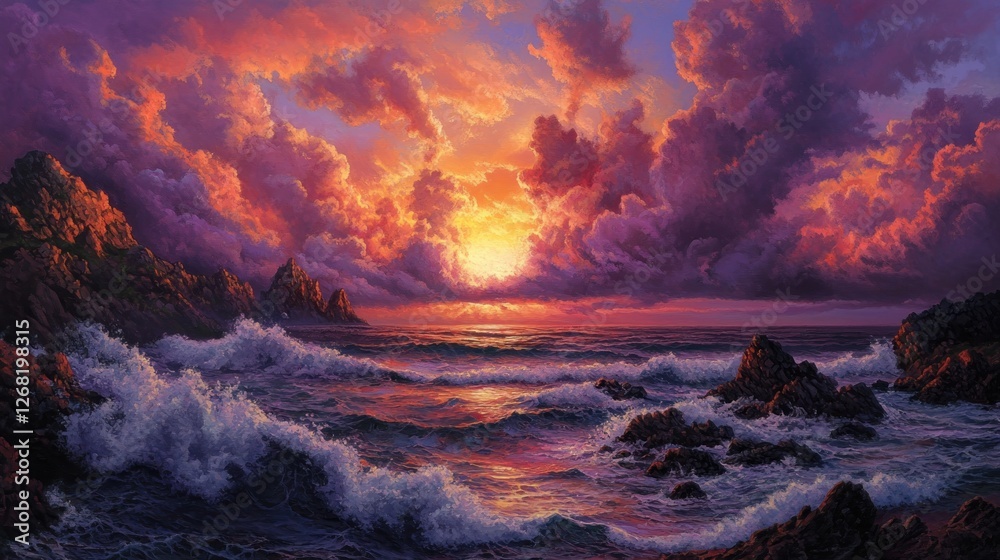 Obraz premium Dramatic seascape with radiant sunset and churning waves against rocky coast