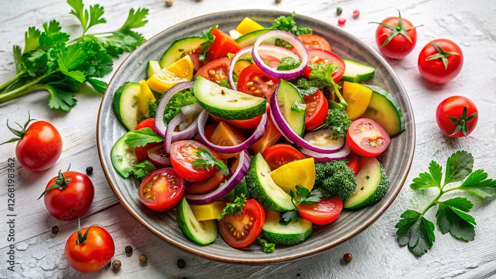 Fresh Salad with Tomatoes, Cucumbers, Avocado, Red Onion & Parsley - Night Photography Stock Photo Fresh Salad with Tomatoes, Cucumbers, Avocado, Red Onion & Parsley - Night Photography Stock Photo