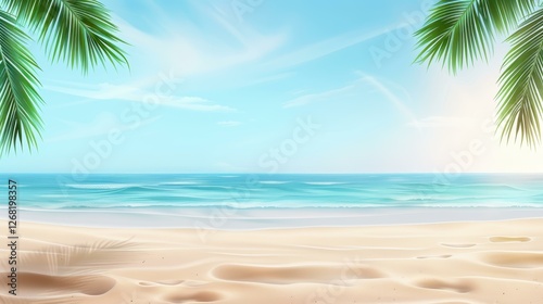 A stunning summer beach scene with golden sand, palm leaves, and clear blue skies, perfect for vacation vibes.