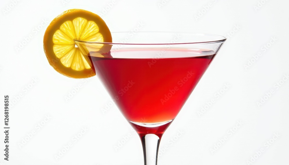 Isolated red martini on pristine white background, garnished with lemon. A red cocktail in a martini glass with a slice of lemon. Isolated red martini on pristine white background, garnished with lemon. A red cocktail in a martini glass with a slice of lemon.