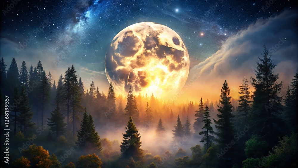 Full Moon Misty Forest Night Landscape - Spooky Halloween Scene Full Moon Misty Forest Night Landscape - Spooky Halloween Scene