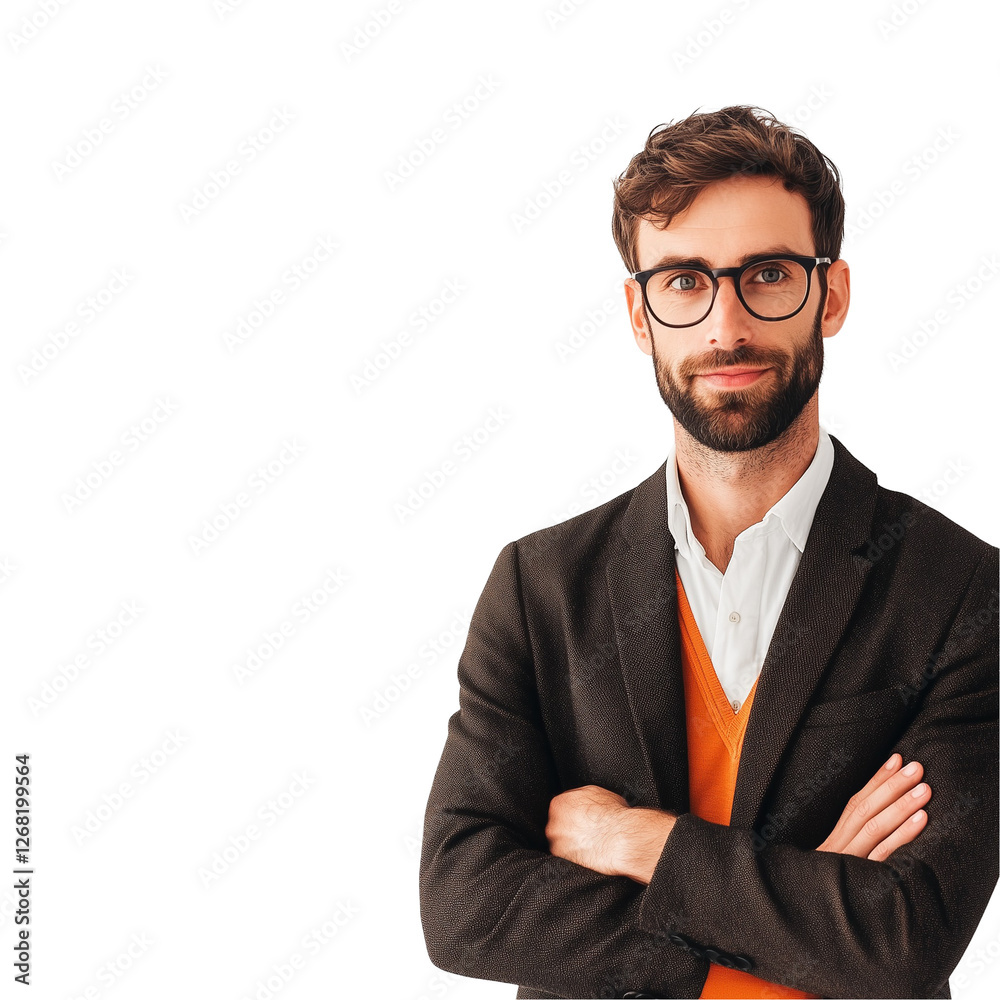 Confident Young Man in a Black Blazer and Glasses Standing With Arms Crossed Confident Young Man in a Black Blazer and Glasses Standing With Arms Crossed
