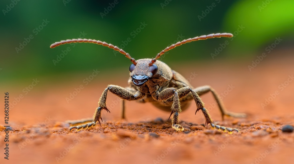 Fototapeta premium A striking brown and black bug with long antennae sits against a softly blurred background, creating a captivating scene.