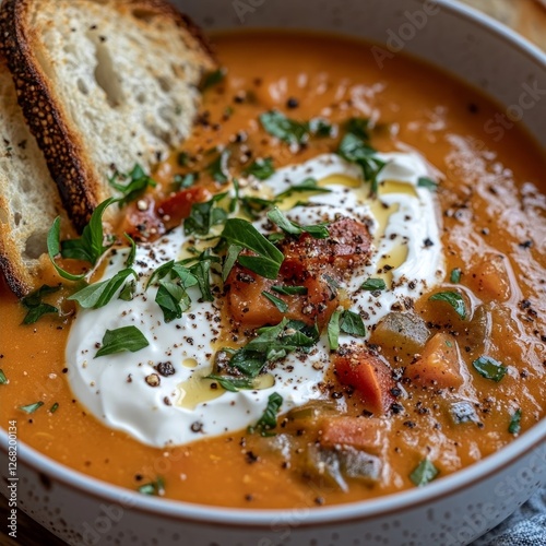sour cream swirled on top of a bowl of vegetable soup, with bits of bread at the periphery