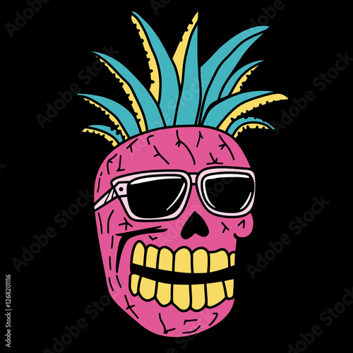 Colorful Cartoon-Style Pineapple Skull Wearing Sunglasses on a Black Background