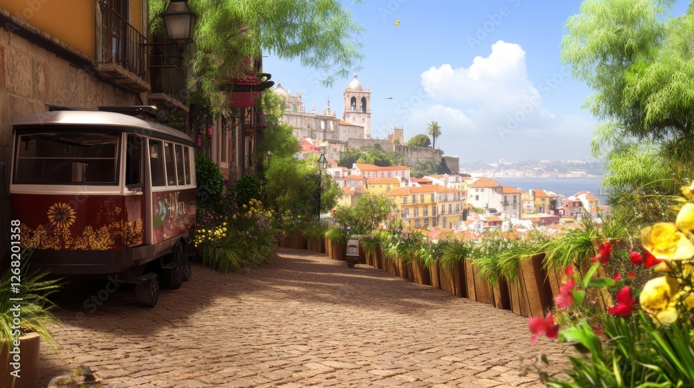 Naklejka premium Charming cobblestone street with a vintage tram and vibrant flowers.