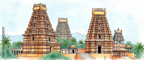 Panoramic Watercolor View of Iconic Tamil Nadu Temples