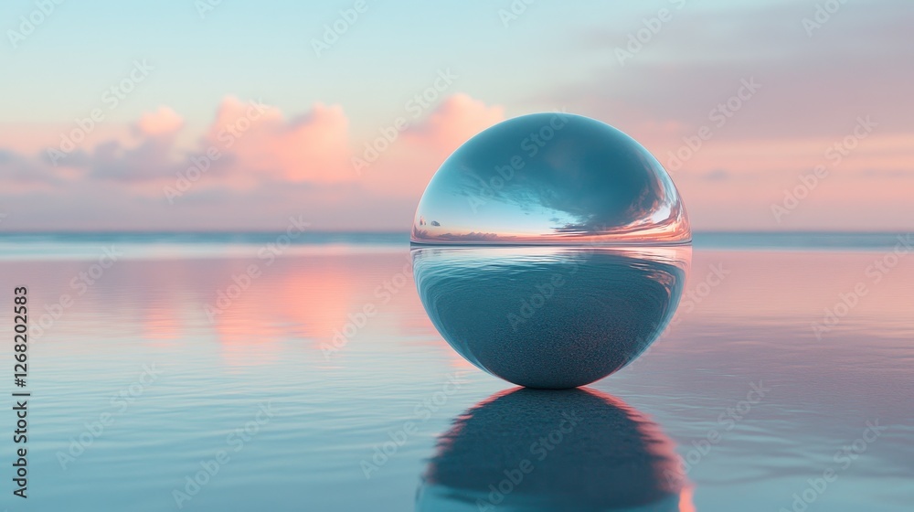 A large, clear, round ball is floating on the surface of the water A large, clear, round ball is floating on the surface of the water