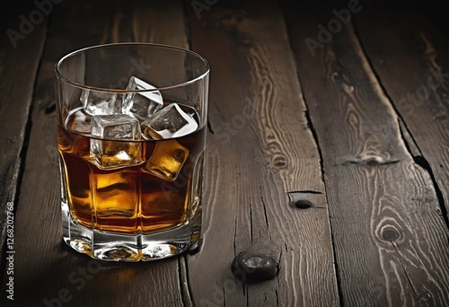 A glass of aged Scotch on ice resting atop a rustic wooden table with a blurred background, perfect for a cozy evening. photo