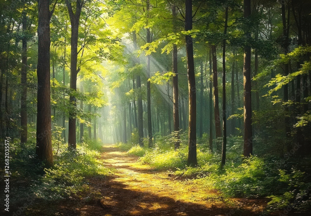 Lush Woodland with Sunlight Rays Shining Through Misty Trees and Vibrant Green Foliage Lush Woodland with Sunlight Rays Shining Through Misty Trees and Vibrant Green Foliage