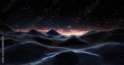 Futuristic Low Poly Landscape with Grid Terrain and Starry Night Sky in 3D Perspective Wireframe