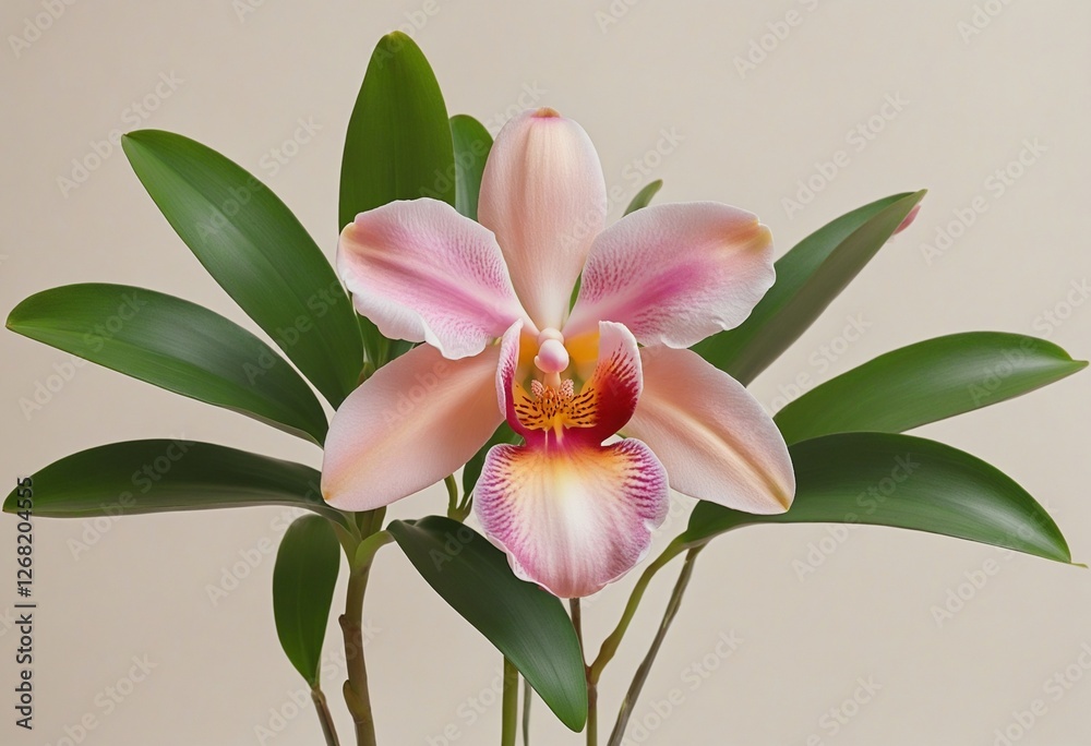 Elegant Peach-Pink Orchids Surrounded by Lush Green Leaves on a Minimalist Beige Canvas Elegant Peach-Pink Orchids Surrounded by Lush Green Leaves on a Minimalist Beige Canvas