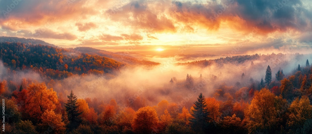Obraz premium Stunning Aerial View of Misty Autumn Valley at Sunset with Vibrant Colors and Golden Hour Light